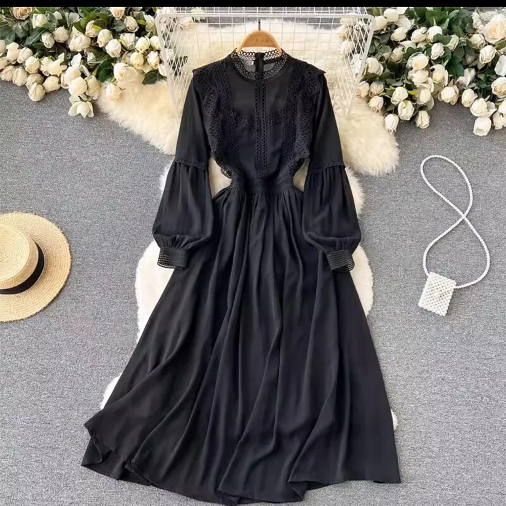 Elegant Gothic Maxi Dress With Chiffon Lace Patchwork